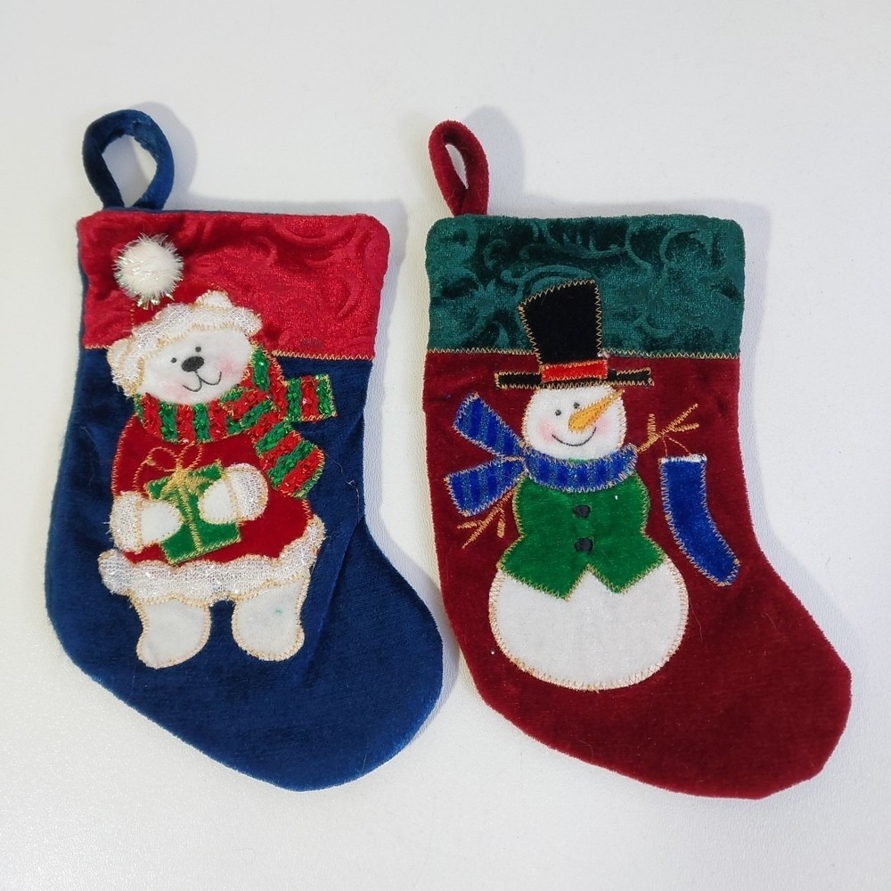 Set Of  2 Small 7"‎ Polar Bear And Snowman Stockings Glitter Sparkle Vtg